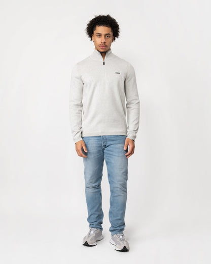 BOSS Green Ever-X Mens Cotton Blend Zip-Neck Sweater with Logo Print - Light/Pastel Grey 057