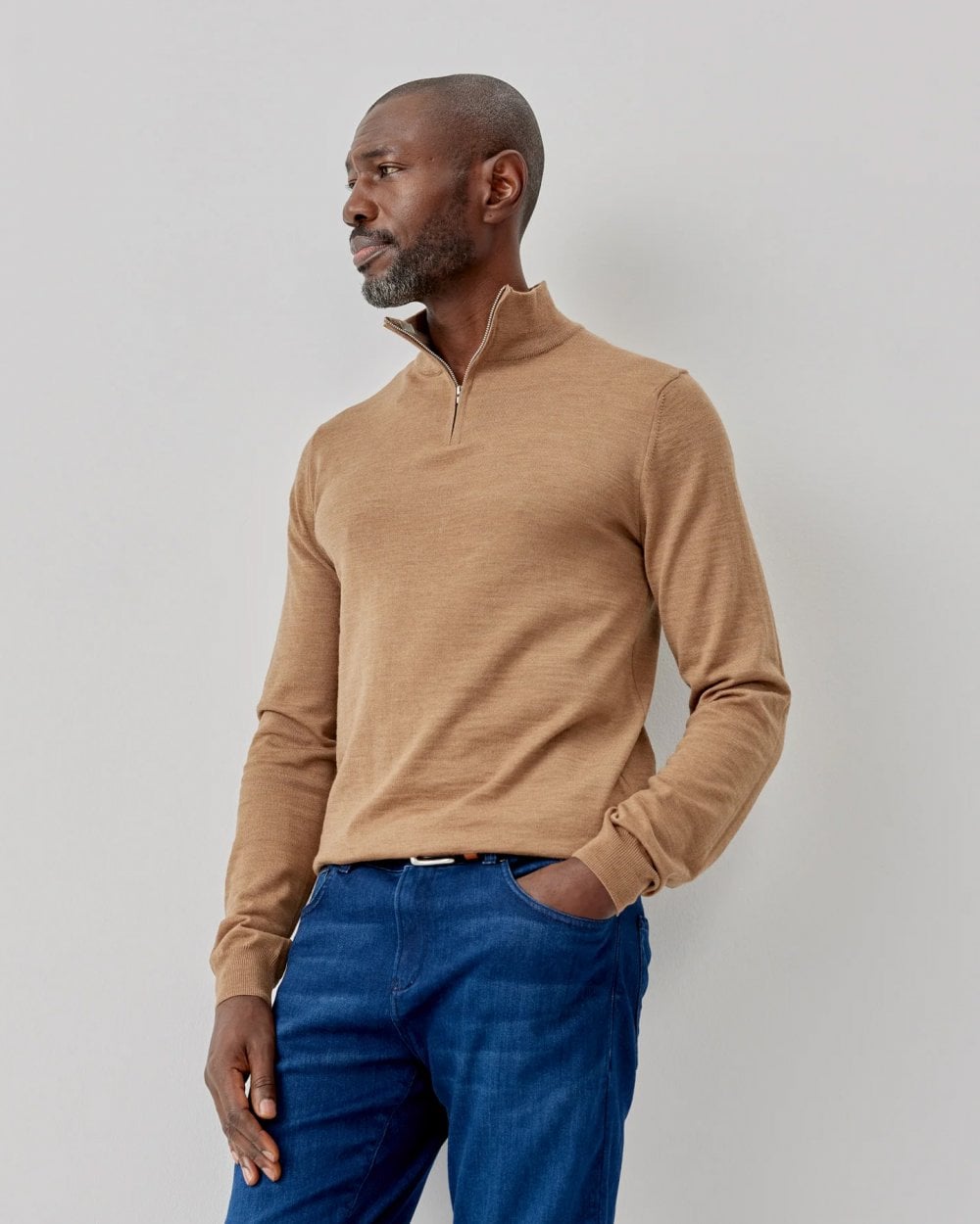 Oliver Sweeney Curragh Mens 1/4 Zip Funnel Neck Merino Wool Jumper - Camel