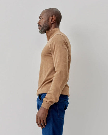 Oliver Sweeney Curragh Mens 1/4 Zip Funnel Neck Merino Wool Jumper - Camel