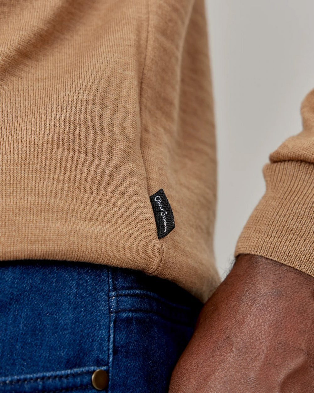 Oliver Sweeney Curragh Mens 1/4 Zip Funnel Neck Merino Wool Jumper - Camel