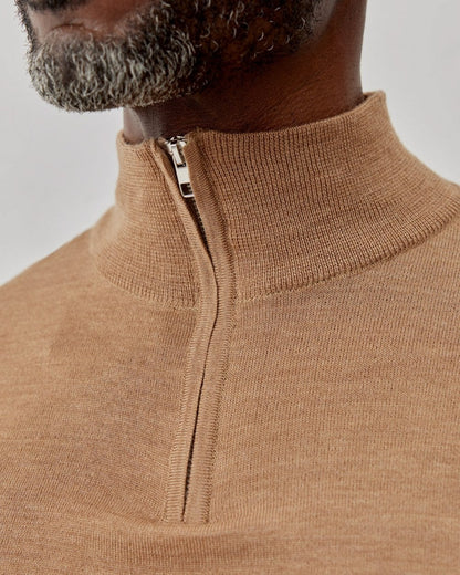 Oliver Sweeney Curragh Mens 1/4 Zip Funnel Neck Merino Wool Jumper - Camel
