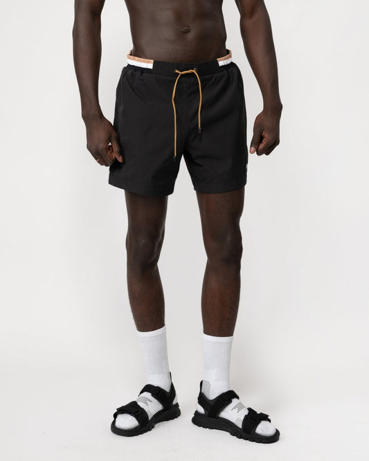BOSS Orange Isle Mens Ripstop-Fabric Swim Shorts with Contrast Logo - Black 001 - CHO - Designer Mens Shorts