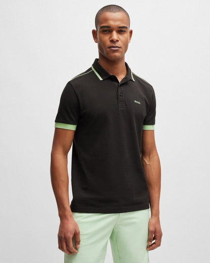 BOSS Green Paddy 1 Mens Cotton Piqué Polo Shirt with Contrast Stripes and Logo