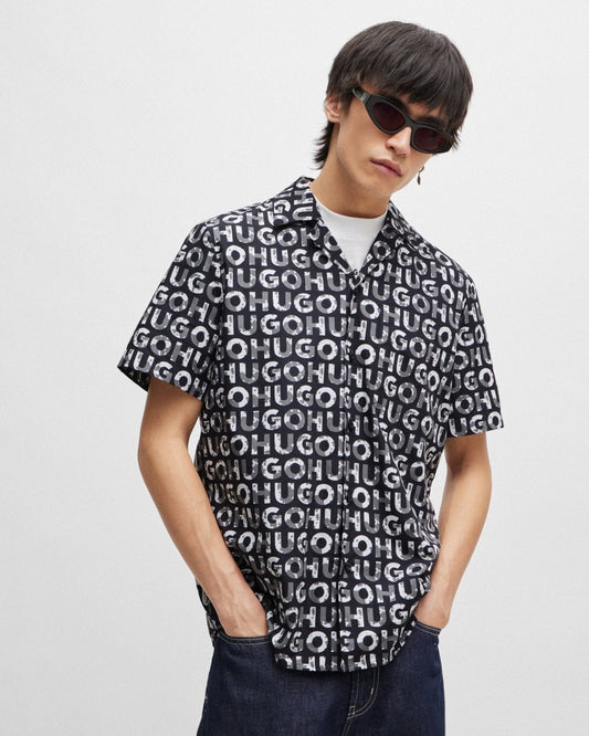 HUGO HUGO Ellino AOP Mens Short Sleeve Shirt with Seasonal Logo Print 