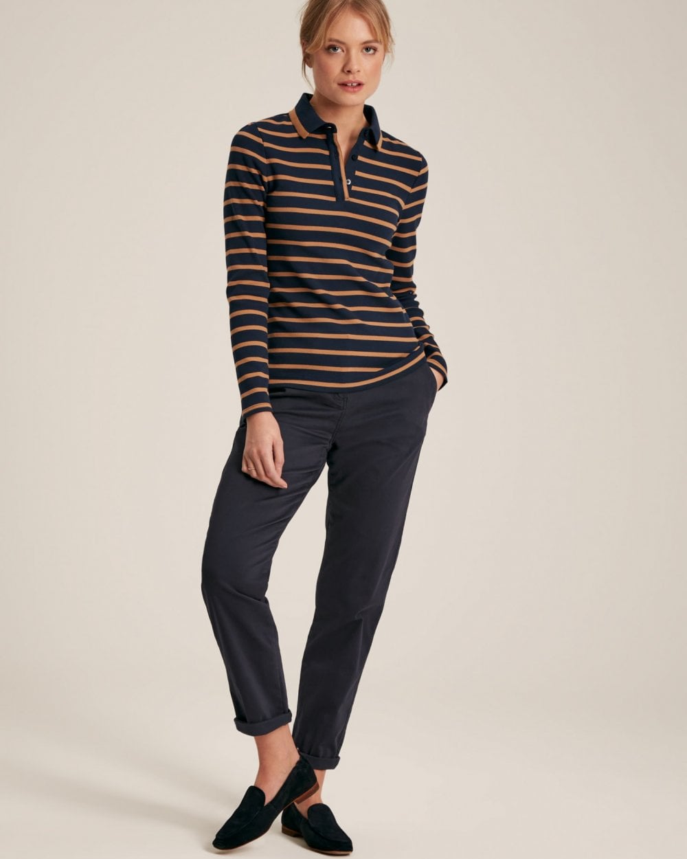 Joules Fairfield Womens Ribbed Polo 224303 - Navy Tan Stripe