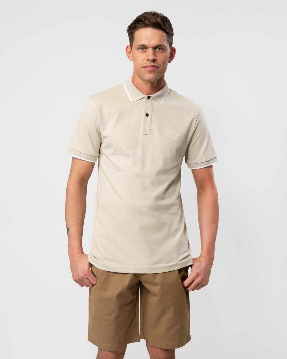 BOSS Orange Passertip Mens Short Sleeve Polo Shirt With Tipped Collar - Light Beige 271
