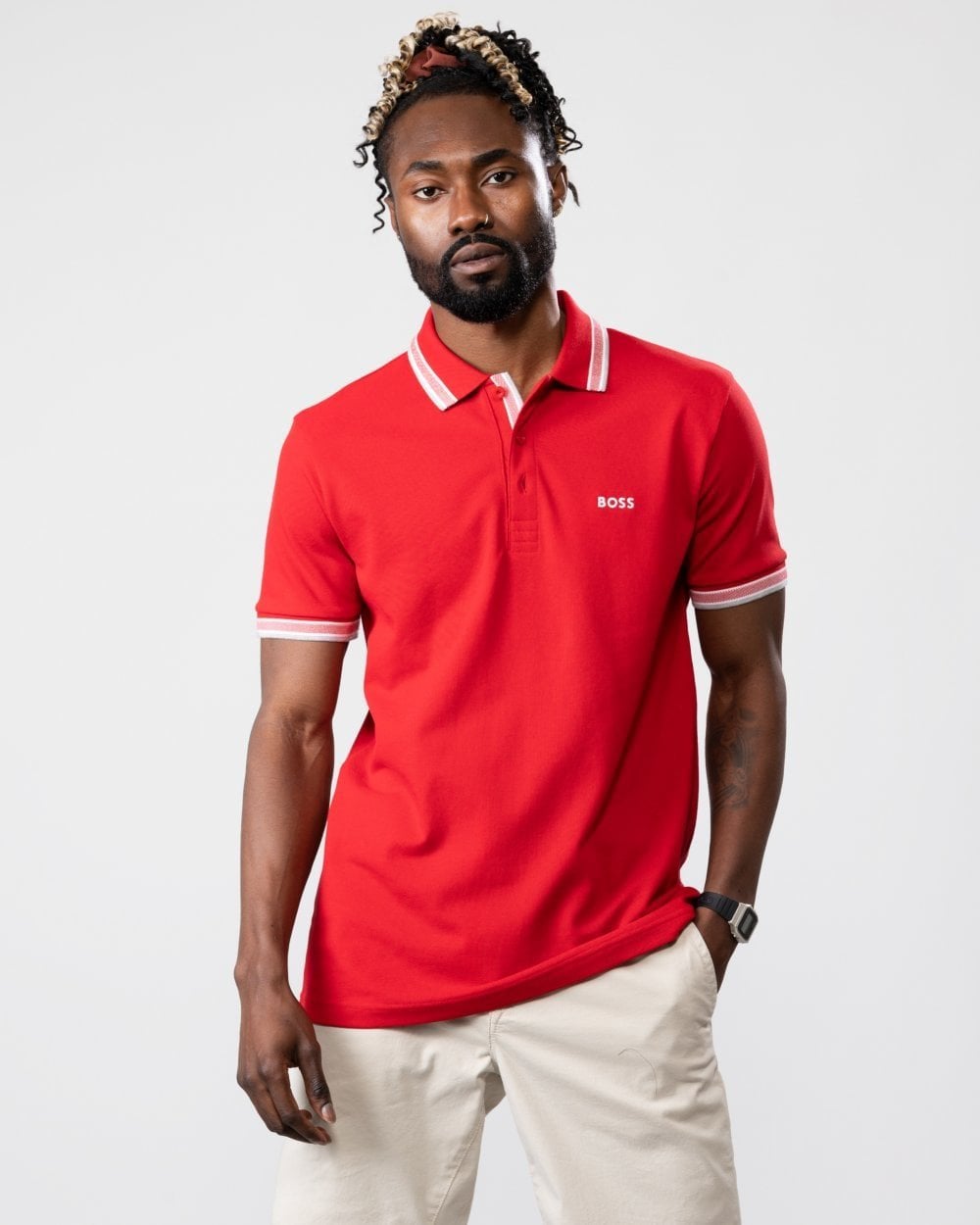 BOSS Green Paddy Contrast Mens Polo NOS - Medium Red 610
