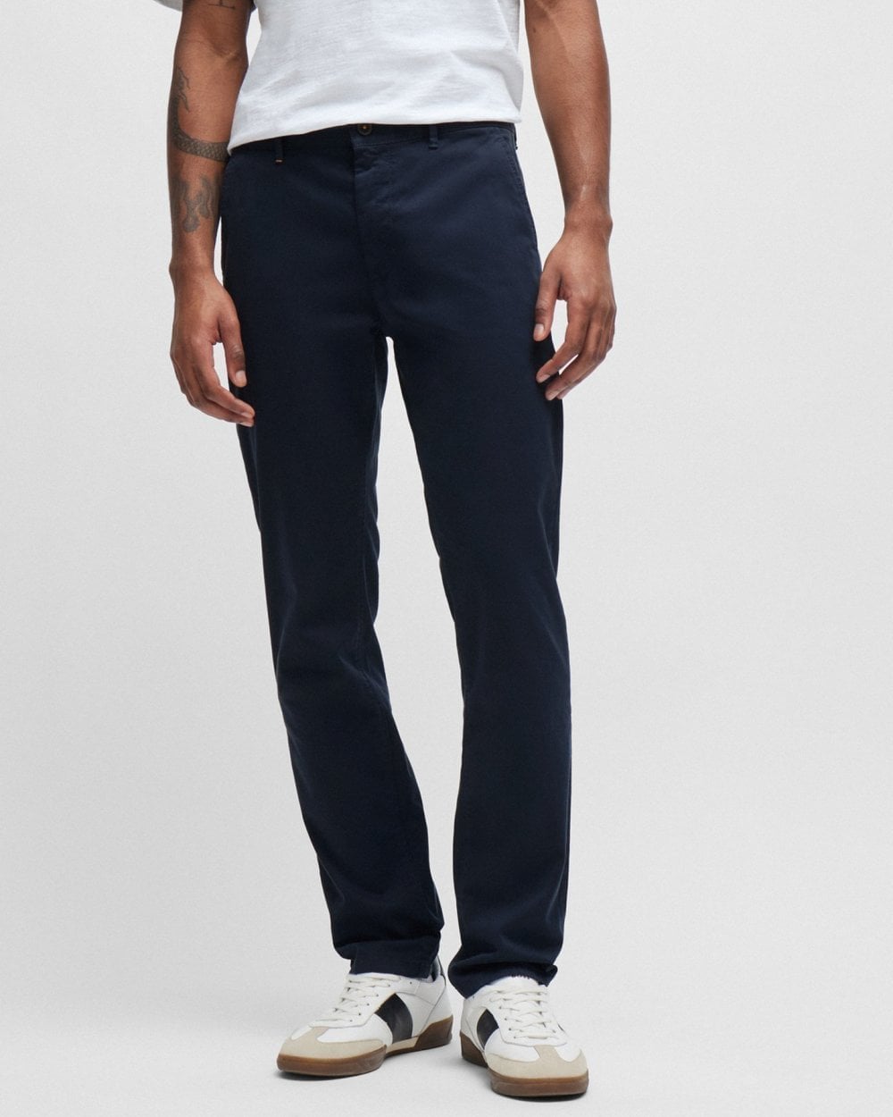 BOSS Orange Mens Slim Fit Chinos in Stretch-Cotton Satin NOS - Dark Blue 404 - CHO - Designer Mens Chinos