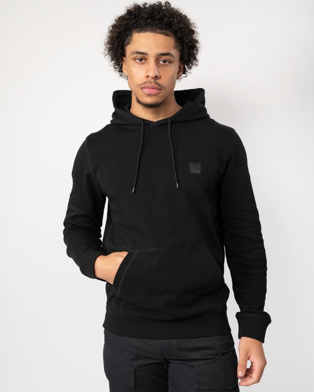 BOSS Orange Wetalk Mens Pullover Hoodie With Logo Patch NOS - Black 001 - CHO - Designer Mens Hoodies