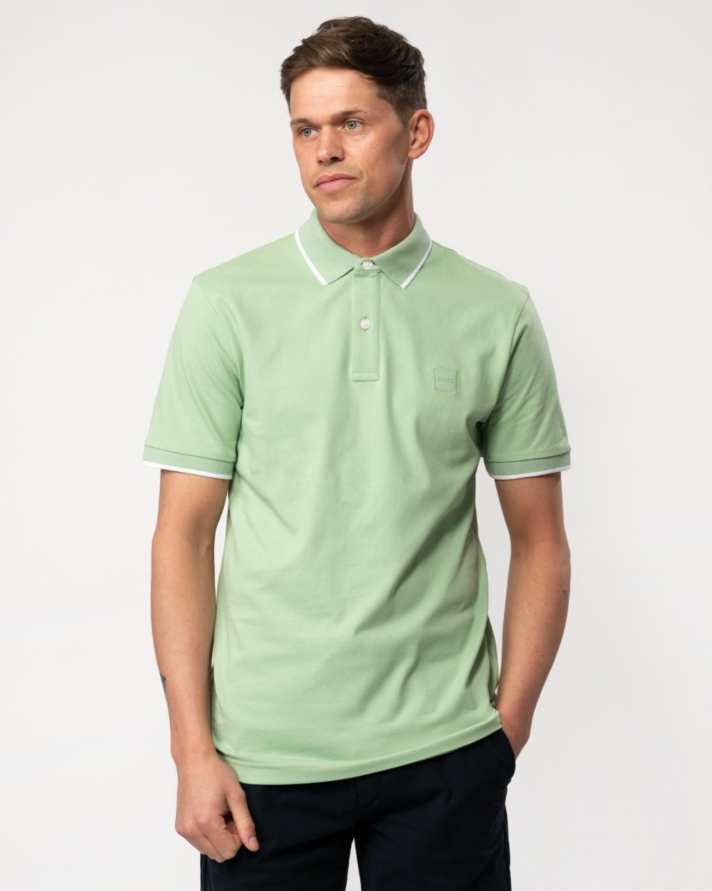 BOSS Orange Passertip Mens Short Sleeve Polo Shirt With Tipped Collar - Open Green 372
