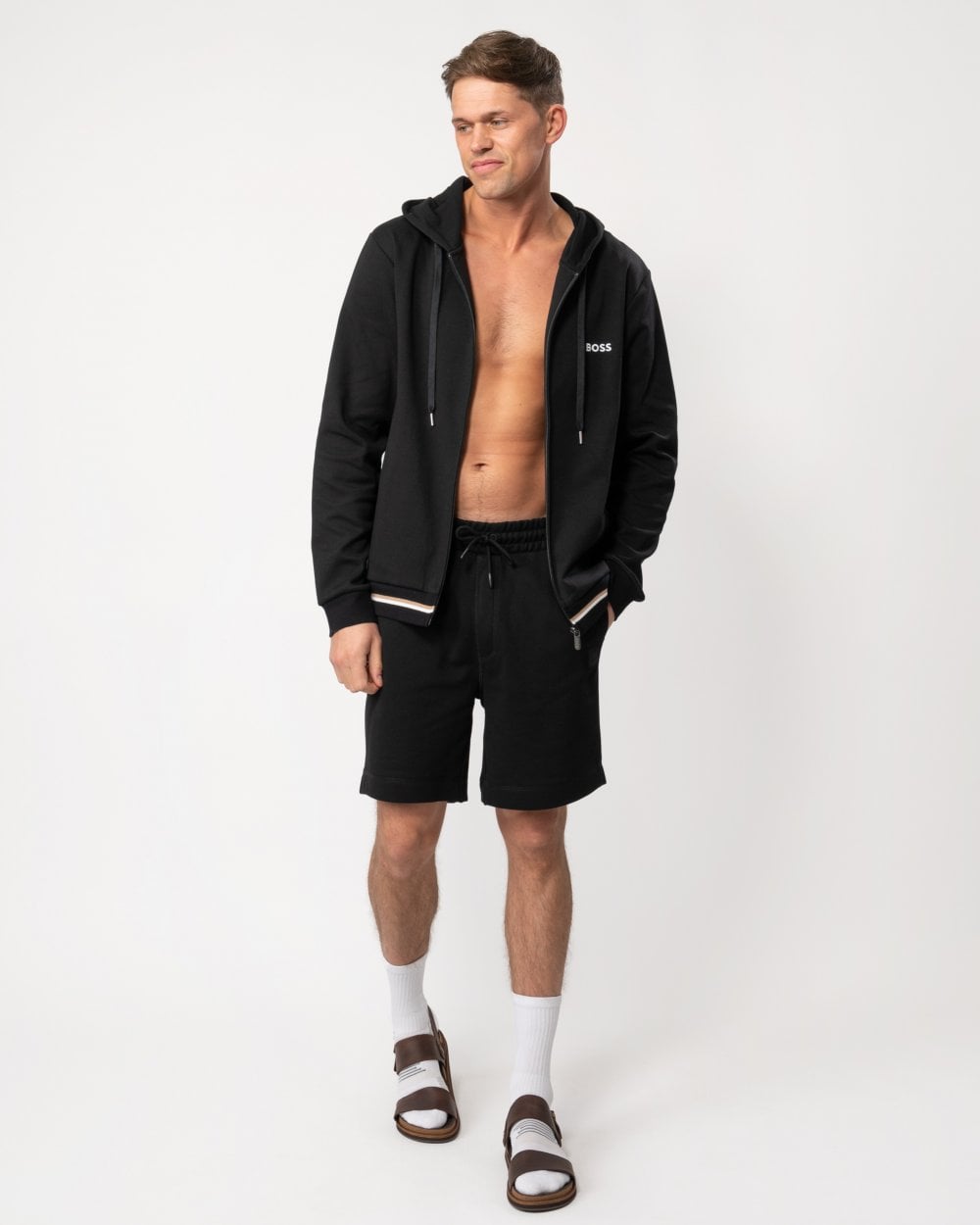 BOSS Orange BOSS Orange Heritage Mens Zip-Up Loungewear Hoodie with Stripes and Logos 