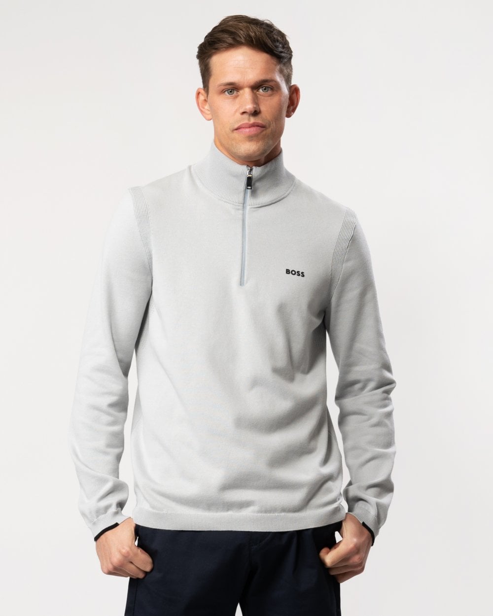 BOSS Green Ever-X Mens Cotton Blend Zip-Neck Sweater with Logo Print - Light/Pastel Grey 052