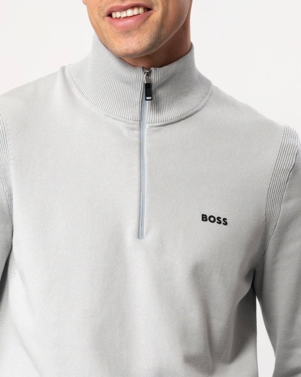 BOSS Green Ever-X Mens Cotton Blend Zip-Neck Sweater with Logo Print - Light/Pastel Grey 052