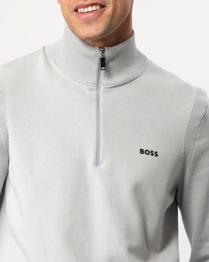 BOSS Green Ever-X Mens Cotton Blend Zip-Neck Sweater with Logo Print - Light/Pastel Grey 052