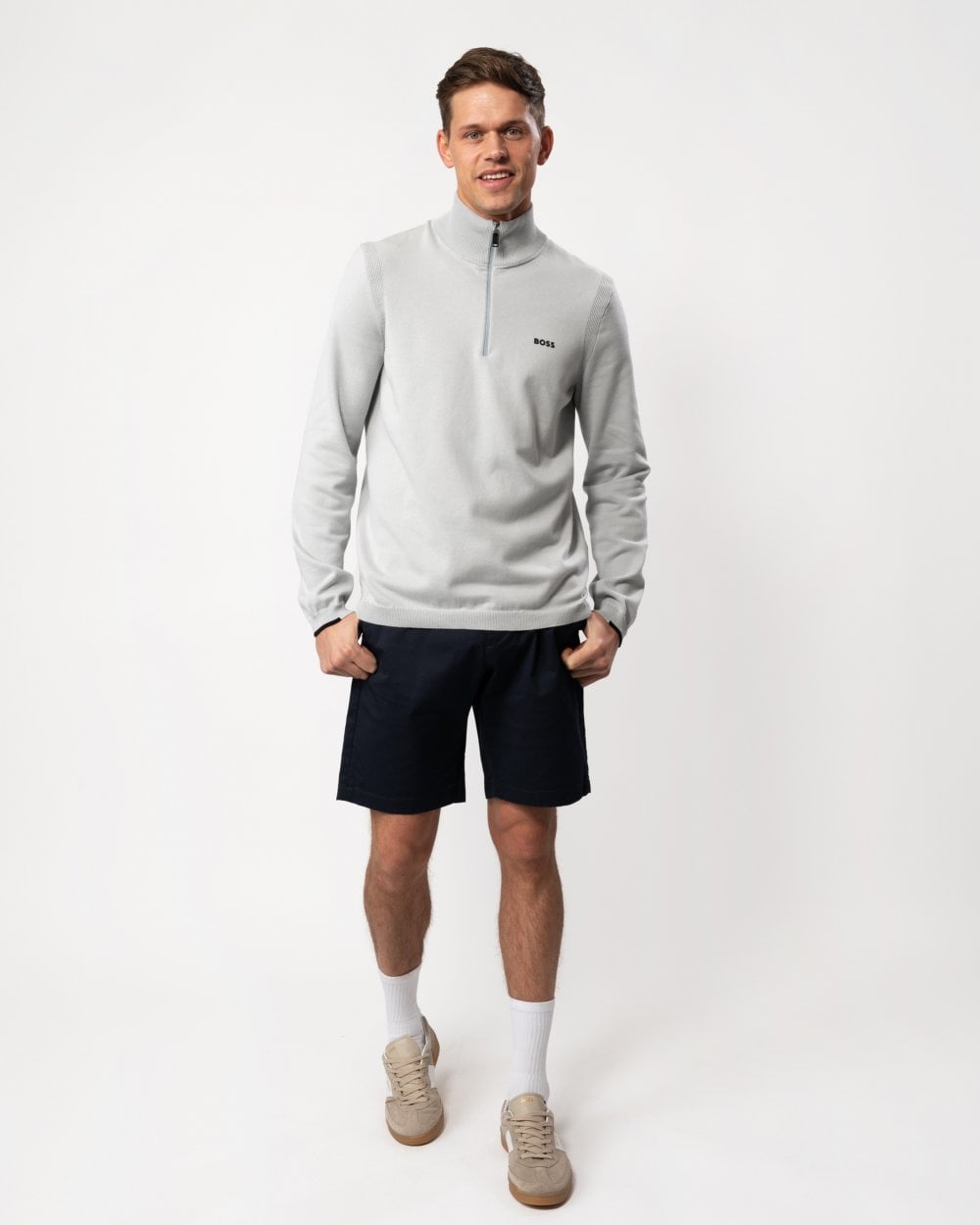BOSS Green Ever-X Mens Cotton Blend Zip-Neck Sweater with Logo Print - Light/Pastel Grey 052