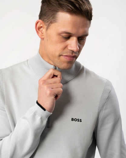 BOSS Green Ever-X Mens Cotton Blend Zip-Neck Sweater with Logo Print - Light/Pastel Grey 052