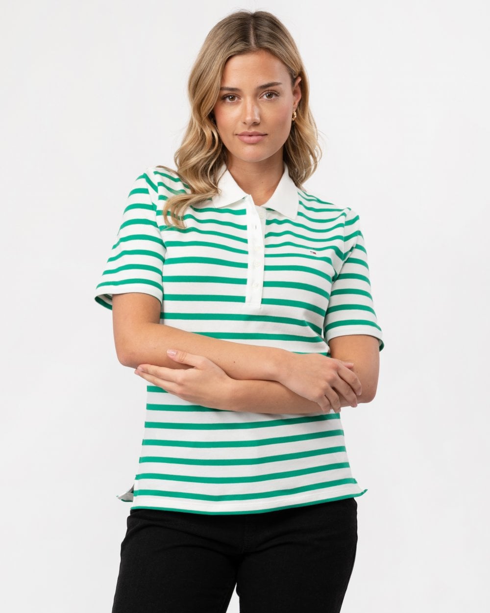 Tommy Hilfiger 1985 Regular Pique Stripe Womens Polo - Breton Ecru/Olympic Green - CHO - Designer Womens Short Sleeve T-Shirts & Tops