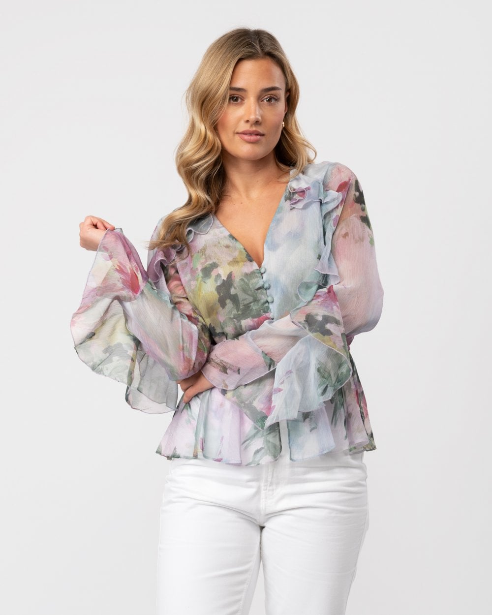 Sunnieh Waterfall Ruffle Button Up Blouse