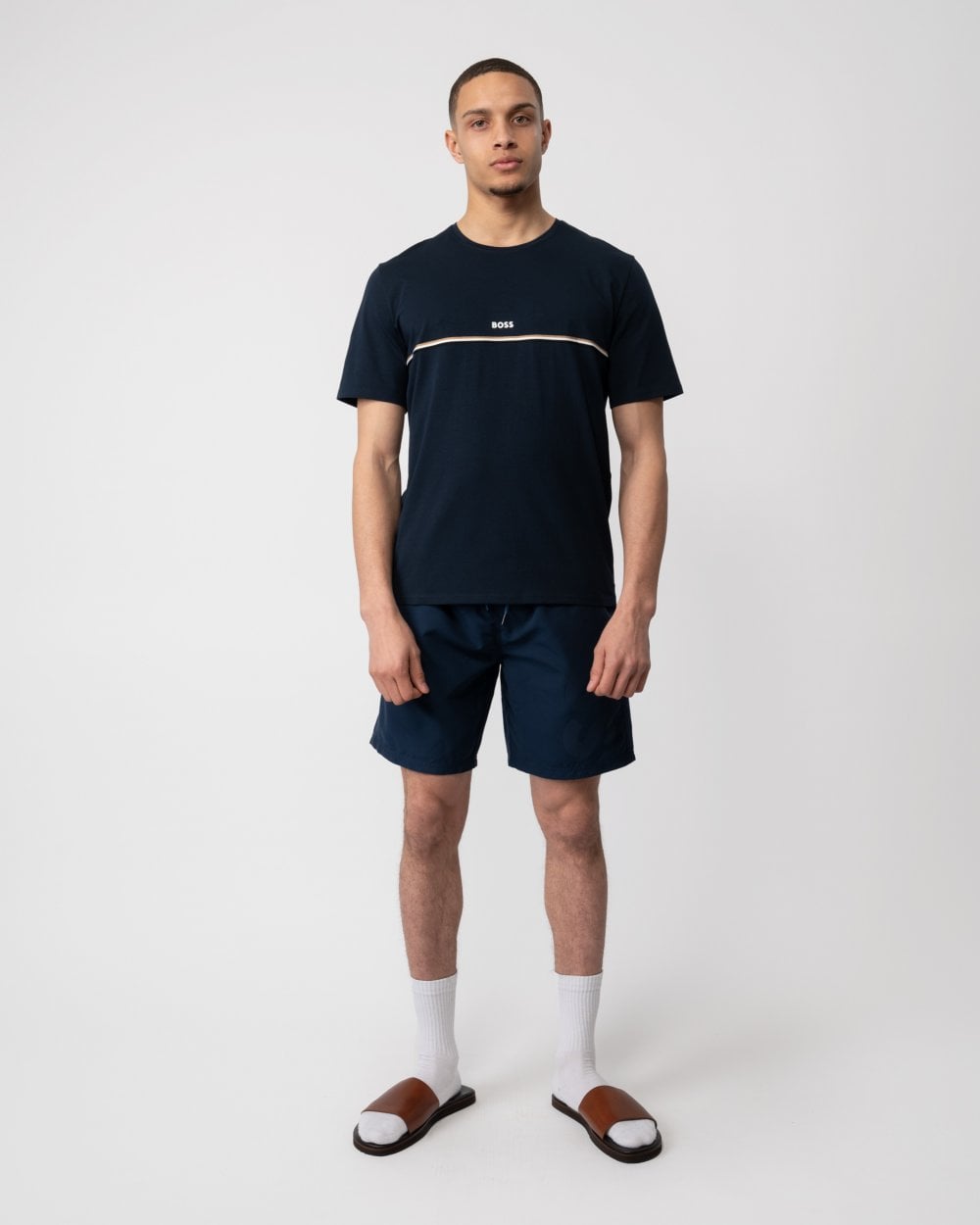 BOSS Orange Unique Mens Stretch-Cotton Pyjama T-Shirt with Logo Print - Dark Blue 402