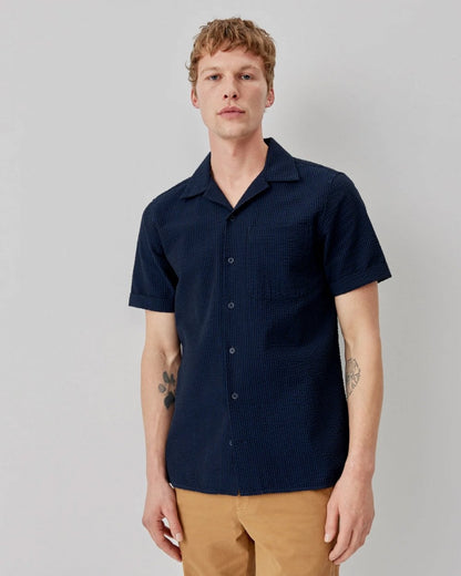 Oliver Sweeney Ravenshead Mens Cotton Seersucker Short Sleeved Shirt - Midnight Stripe
