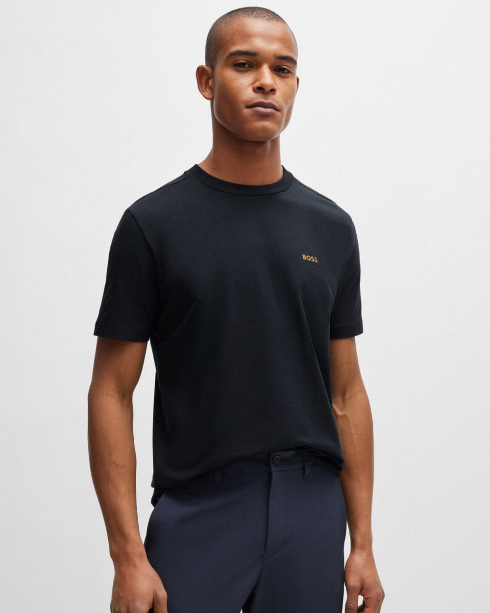 BOSS Green Tee Mens Stretch Cotton T-Shirt with Contrast Logo NOS - Dark Blue 401 - CHO - Designer Mens Logo T-Shirts