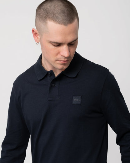 BOSS Orange Passerby Mens Long Sleeve Stretch-Cotton Polo Shirt with Logo Patch NOS - Dark Blue 404