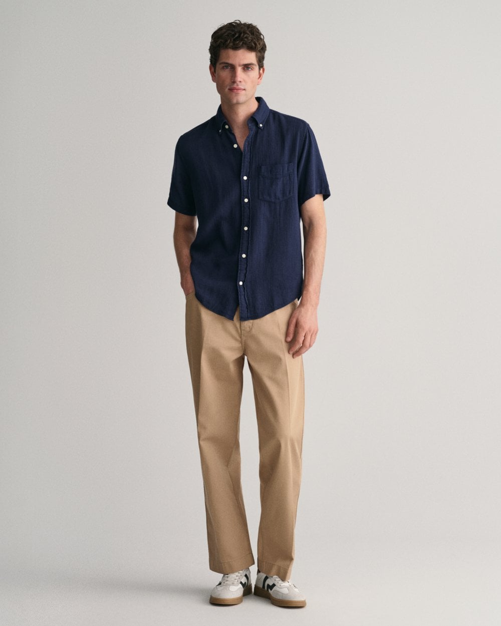 GANT Mens Regular Fit Cotton Linen Texture Short Sleeve Shirt - 433 Evening Blue