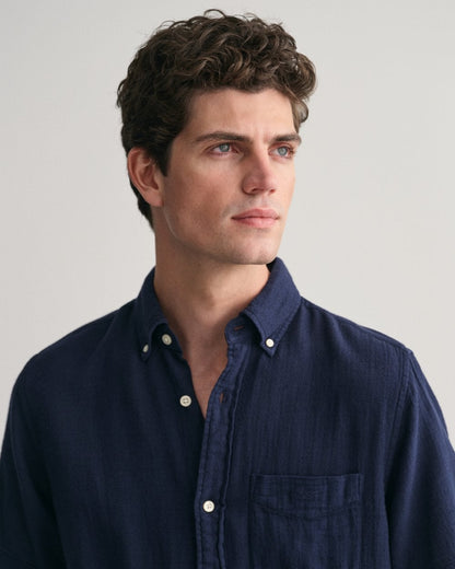 GANT Mens Regular Fit Cotton Linen Texture Short Sleeve Shirt - 433 Evening Blue