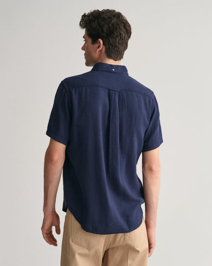 GANT Mens Regular Fit Cotton Linen Texture Short Sleeve Shirt - 433 Evening Blue