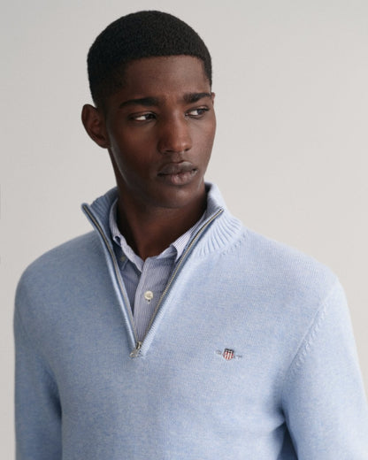 GANT Mens Casual Cotton Half Zip Jumper - 497 Lt Blue Melange