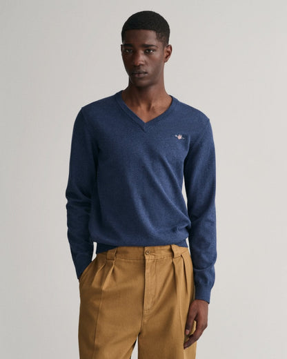 GANT Mens Classic Cotton V-Neck Jumper - 902 Dark Jeansblue Melange