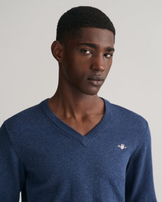 GANT Mens Classic Cotton V-Neck Jumper - 902 Dark Jeansblue Melange