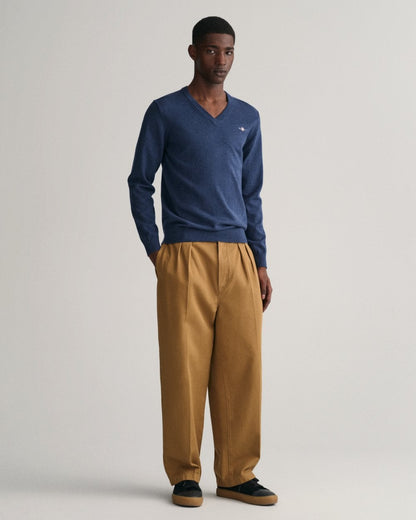 GANT Mens Classic Cotton V-Neck Jumper - 902 Dark Jeansblue Melange