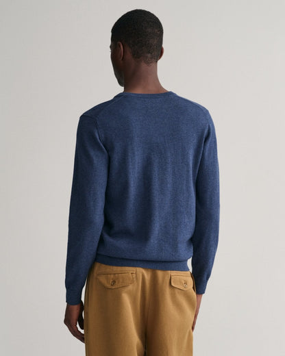 GANT Mens Classic Cotton V-Neck Jumper - 902 Dark Jeansblue Melange