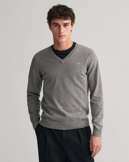 GANT Mens Classic Cotton V-Neck Jumper - 92 Dark Grey Melange