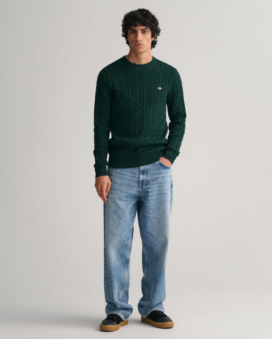 GANT Mens Cotton Cable Knit Crew Neck Jumper - 374 Tartan Green