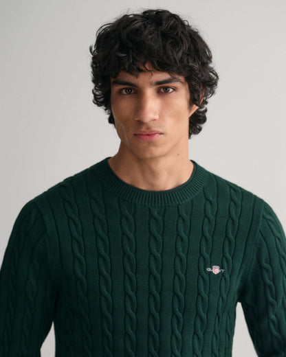GANT Mens Cotton Cable Knit Crew Neck Jumper - 374 Tartan Green