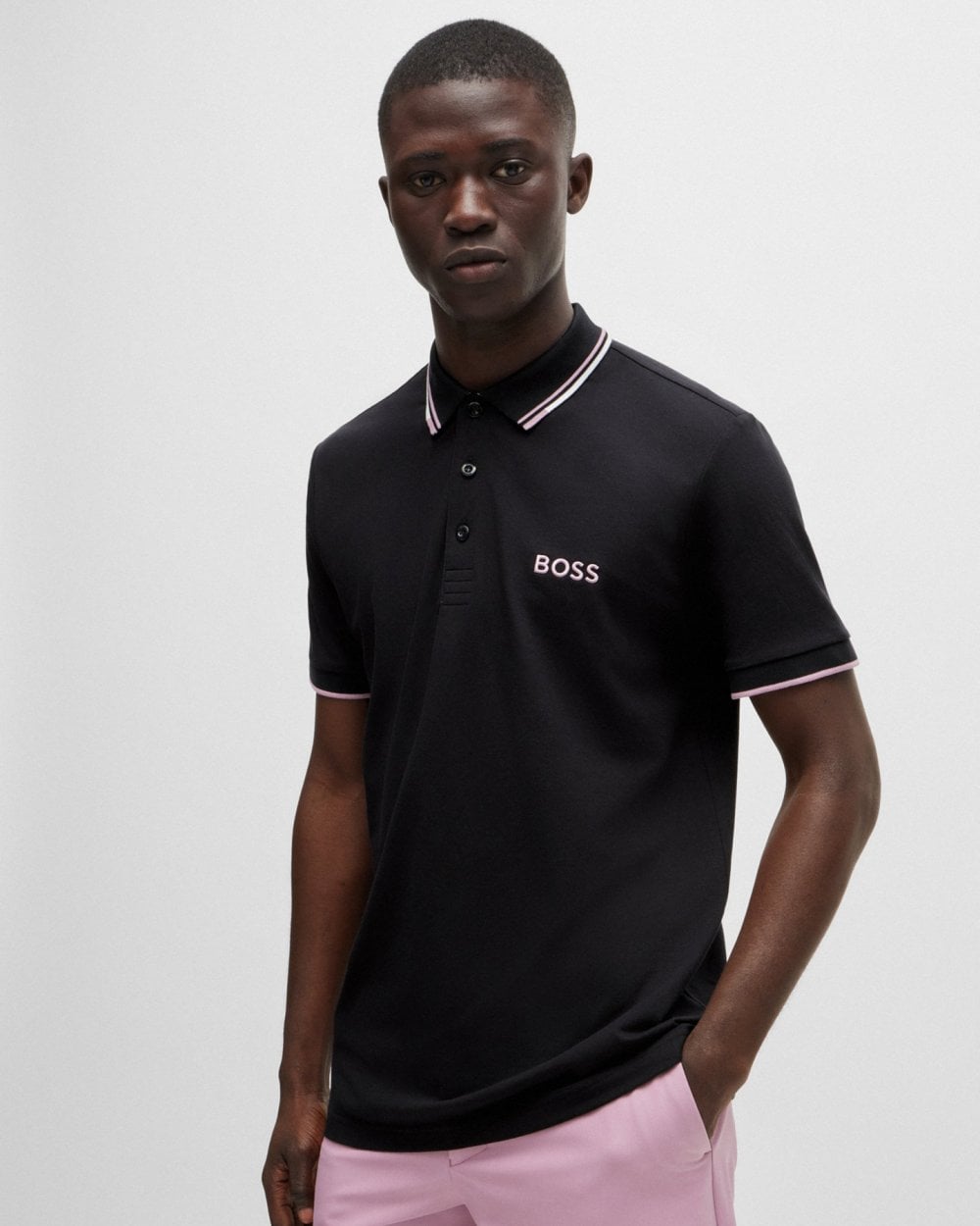 BOSS Green Paddy Pro Mens Cotton Blend Polo Shirt With Contrast Logos - Dark Blue 405