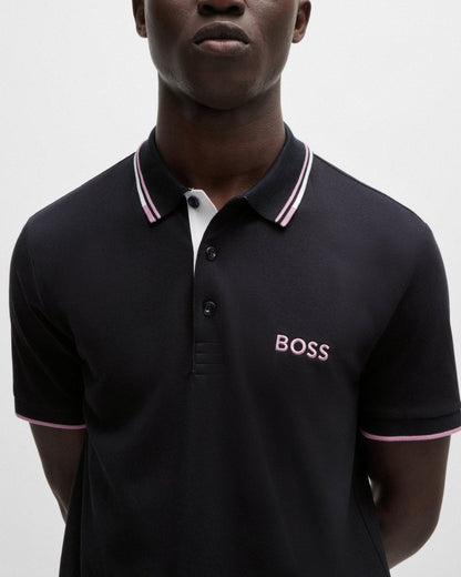 BOSS Green Paddy Pro Mens Cotton Blend Polo Shirt With Contrast Logos - Dark Blue 405