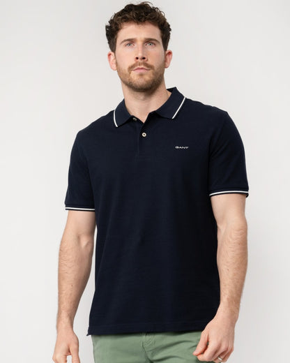 GANT Mens Short Sleeve Tipping Pique Polo - 433 Evening Blue