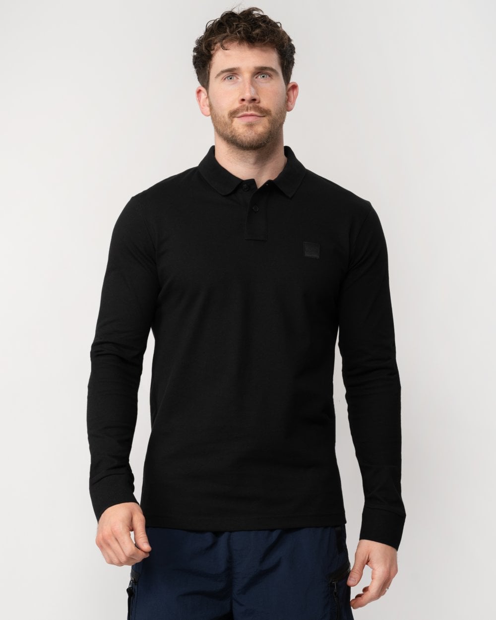 BOSS Orange Passerby Mens Long Sleeve Stretch-Cotton Polo Shirt with Logo Patch NOS - Black 001 - CHO - Designer Mens Long Sleeve Polo Shirts