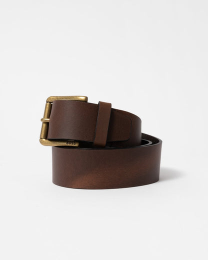 BOSS Orange Joris Mens Italian Leather Belt with Engraved Buckle - Dark Brown 202