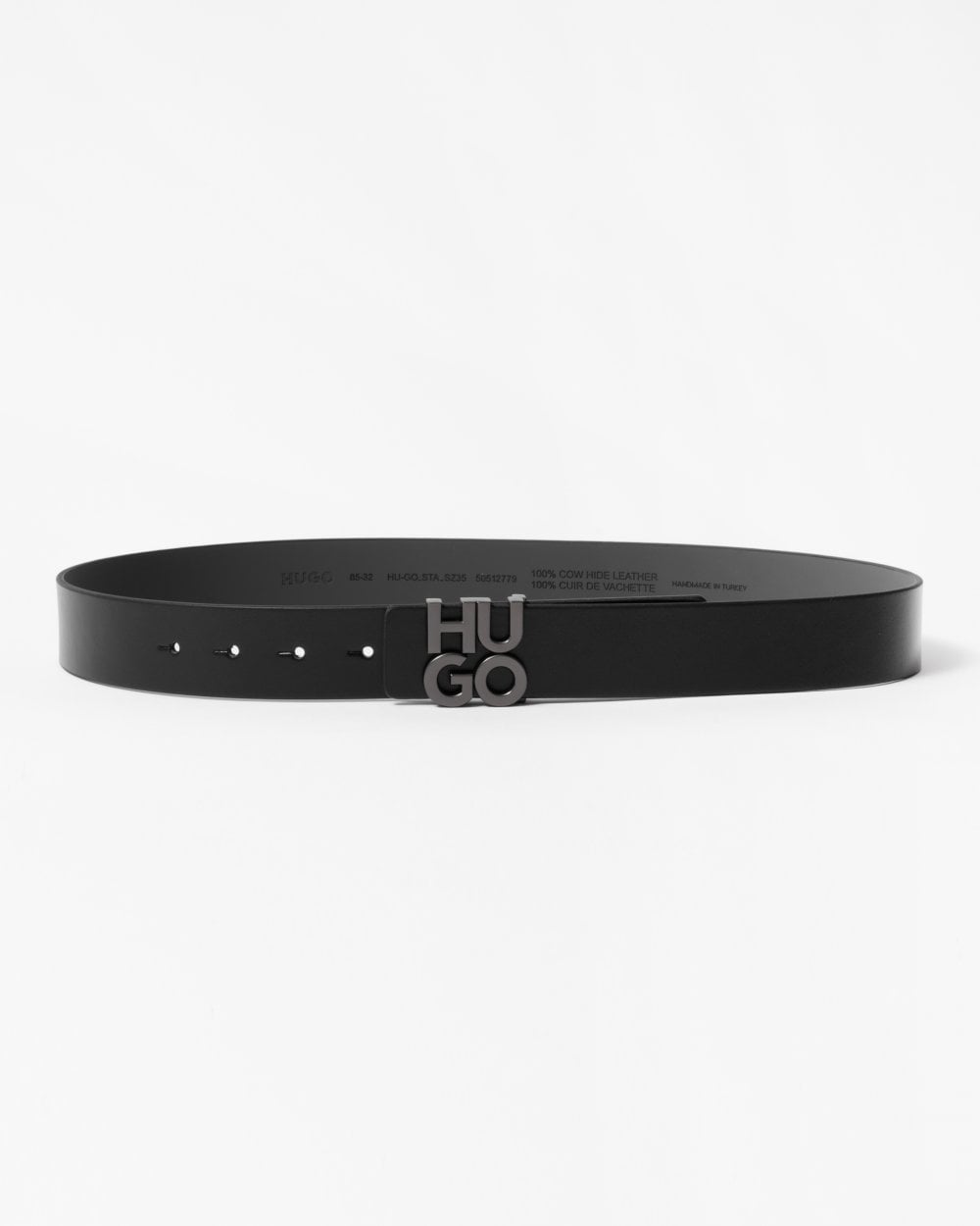 HUGO Mens Leather Belt with Stacked Logo Buckle
