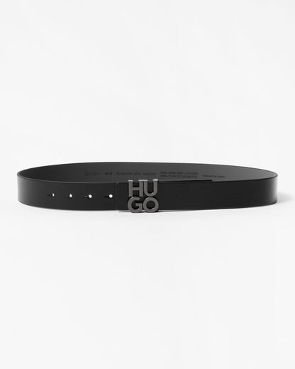 HUGO Mens Leather Belt with Stacked Logo Buckle