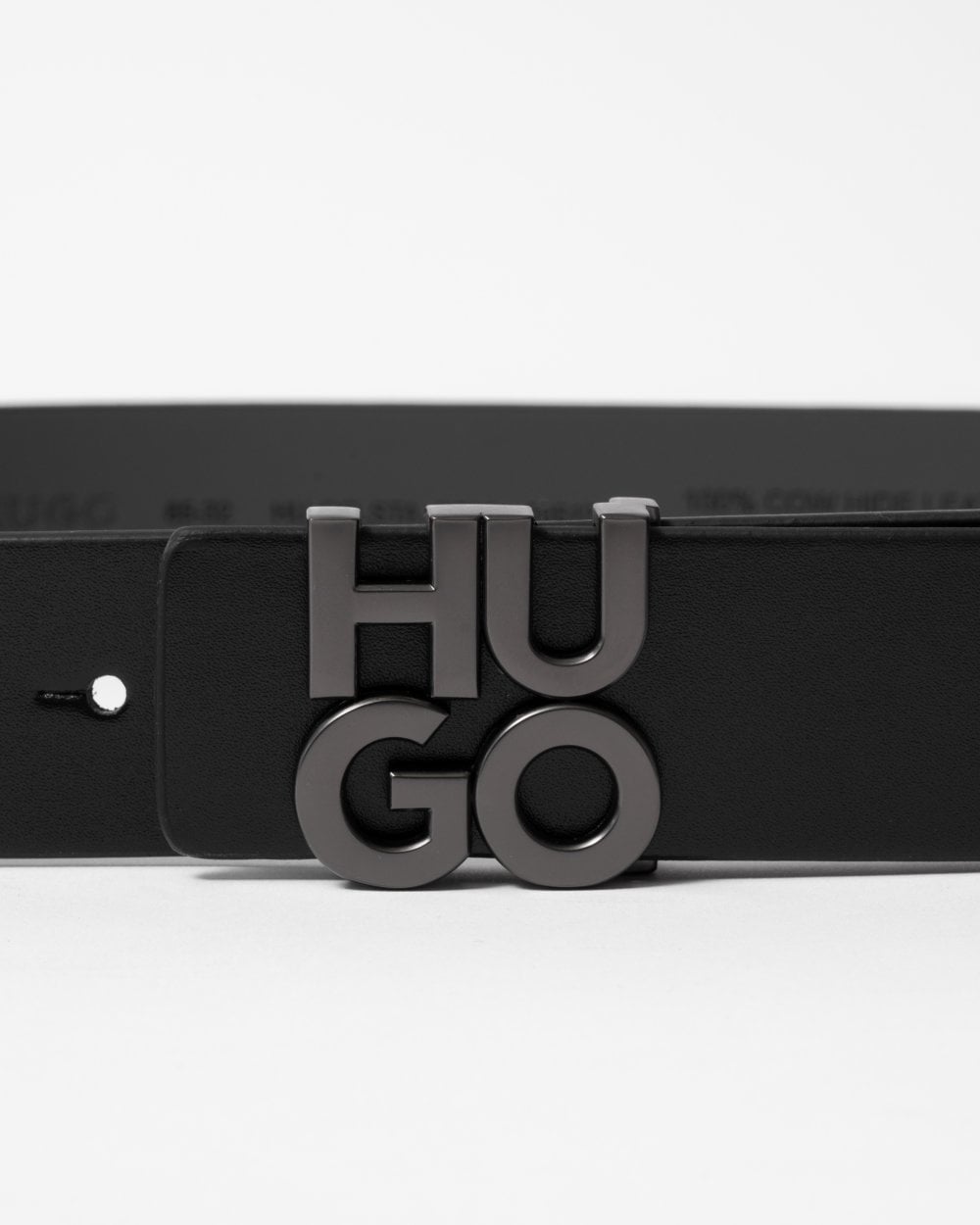 HUGO Mens Leather Belt with Stacked Logo Buckle