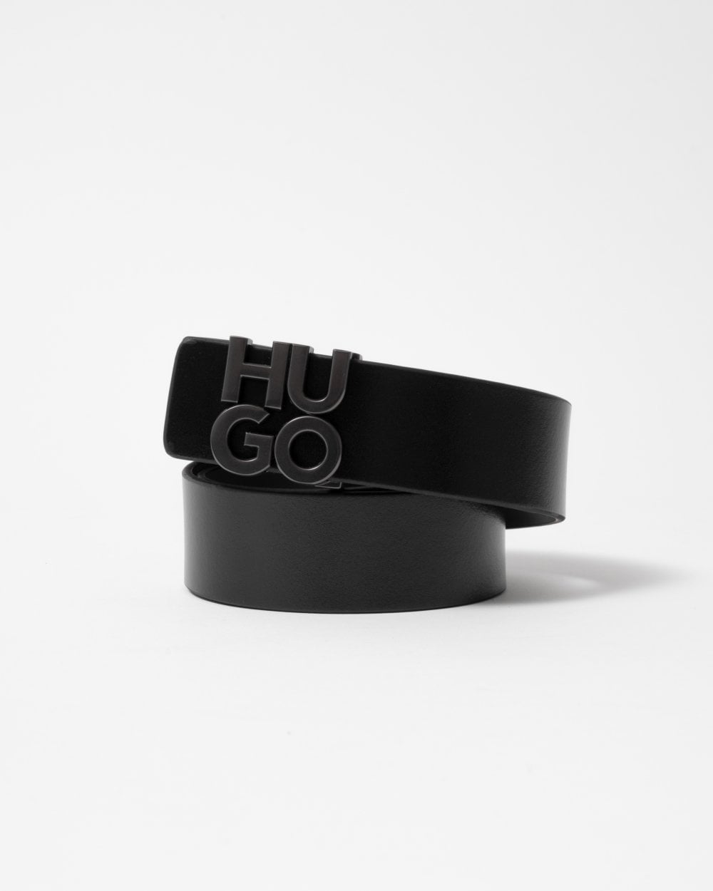 HUGO Mens Leather Belt with Stacked Logo Buckle
