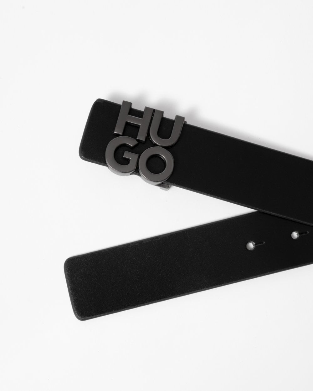 HUGO Mens Leather Belt with Stacked Logo Buckle