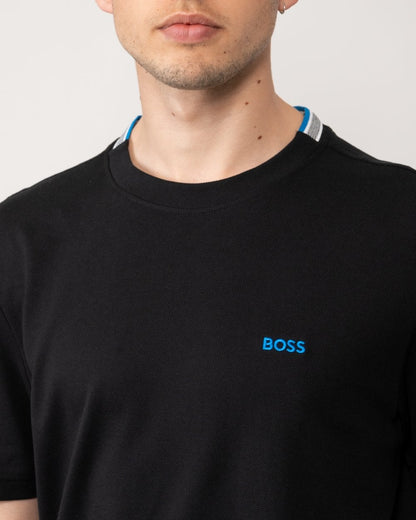BOSS Green Taddy Mens Cotton Piqué T-Shirt with Oxford-Jacquard Back Collar - Black 006