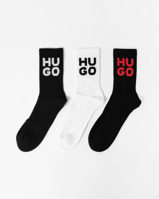 HUGO HUGO 3 Pack Mens Quarter Length Ribbed Socks with Stacked Logo