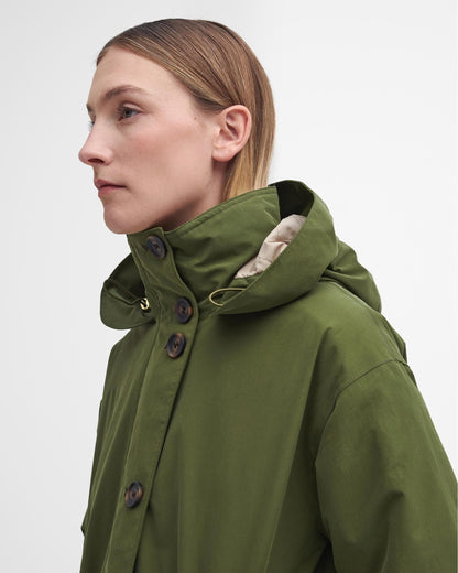 Barbour Iris Womens Long Waterproof Jacket - Dark Moss/Light Sand/Pastel Pink